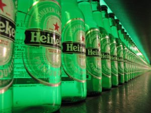 Heineken Beer bottles in a line