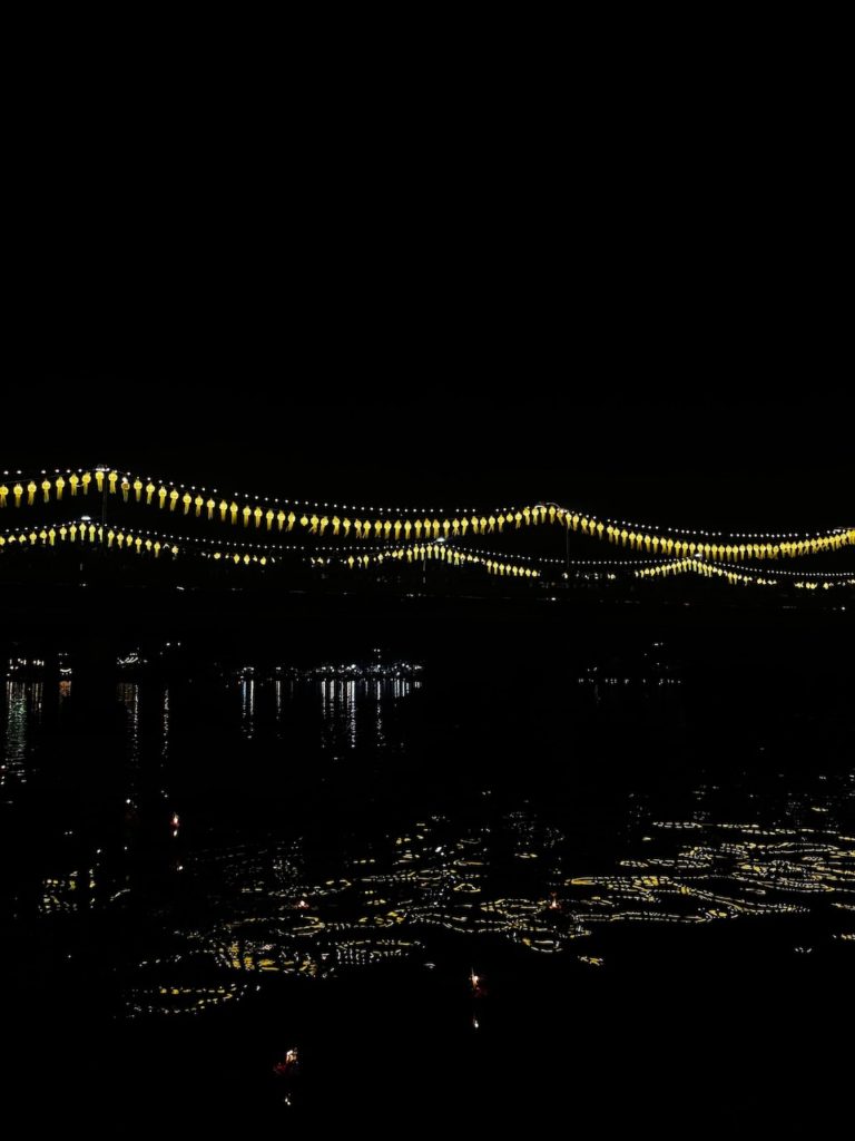 Reflection of yellow fairy lights on the surface of a river.