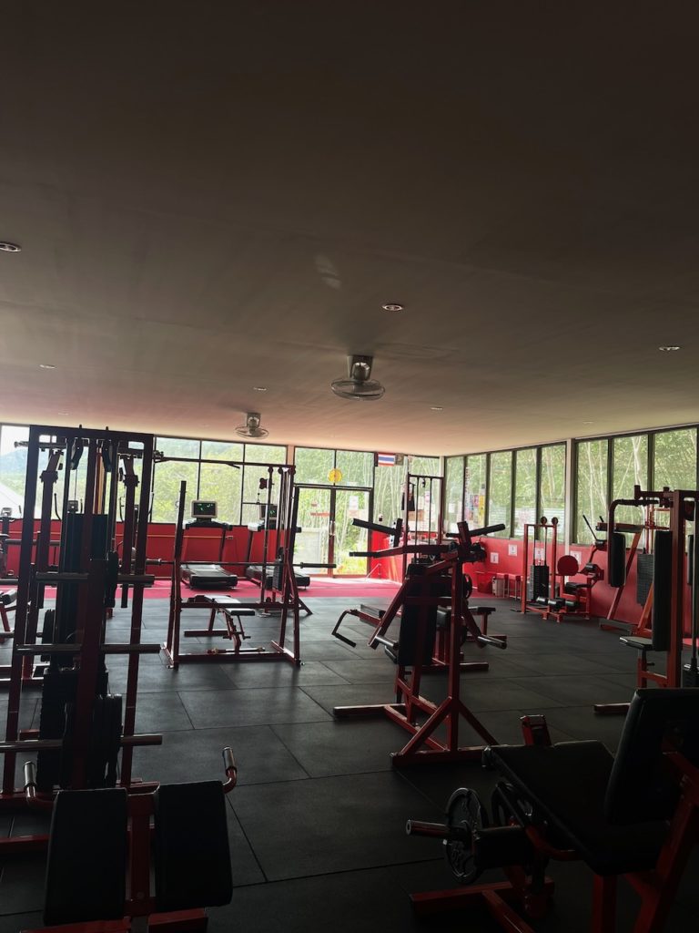 A gym with red and black equipment, with a jungle setting outside.