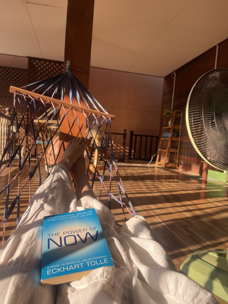 Relaxing in a hammock in a wooden communal area with a book in hand.