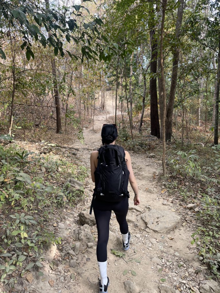 A woman hiking with a backpack on a jungle trail.