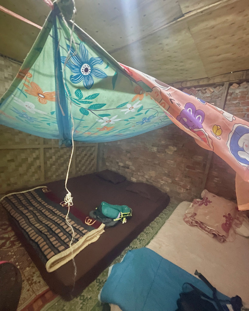 A small room with two mattresses on the floor, covered by a mosquito net.