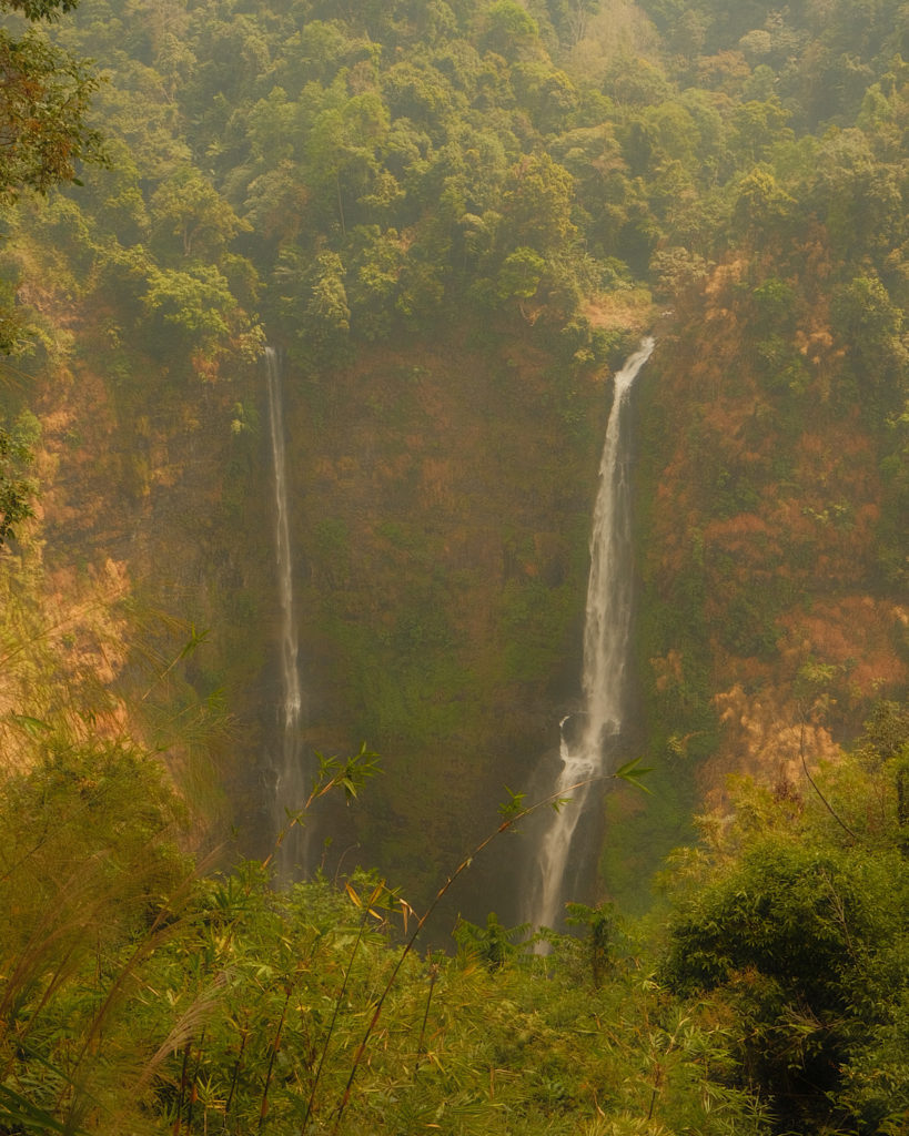 Two massive majestic waterfalls towering through lush greenery in a jungle.