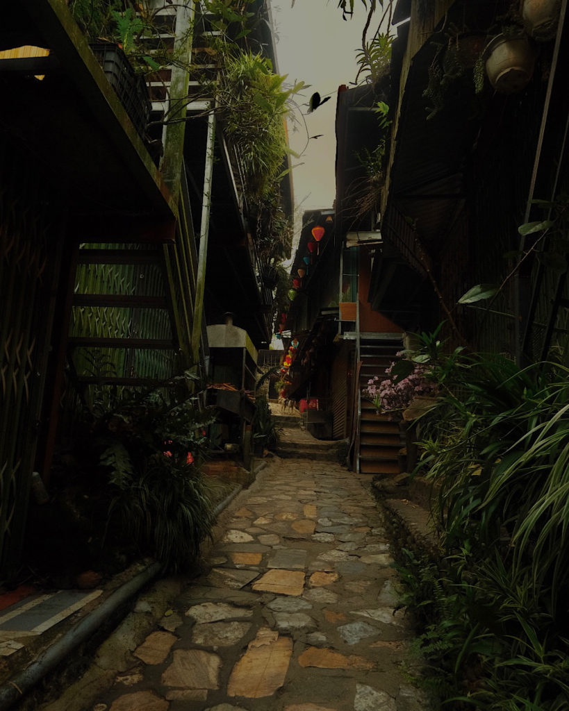 An alley with handicraft shops and restaurants at the famous Cat Cat Village.