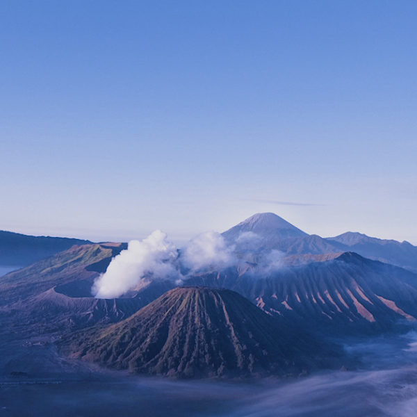 Mount Bromo at sunrise: A stunning volcanic landscape in Indonesia.