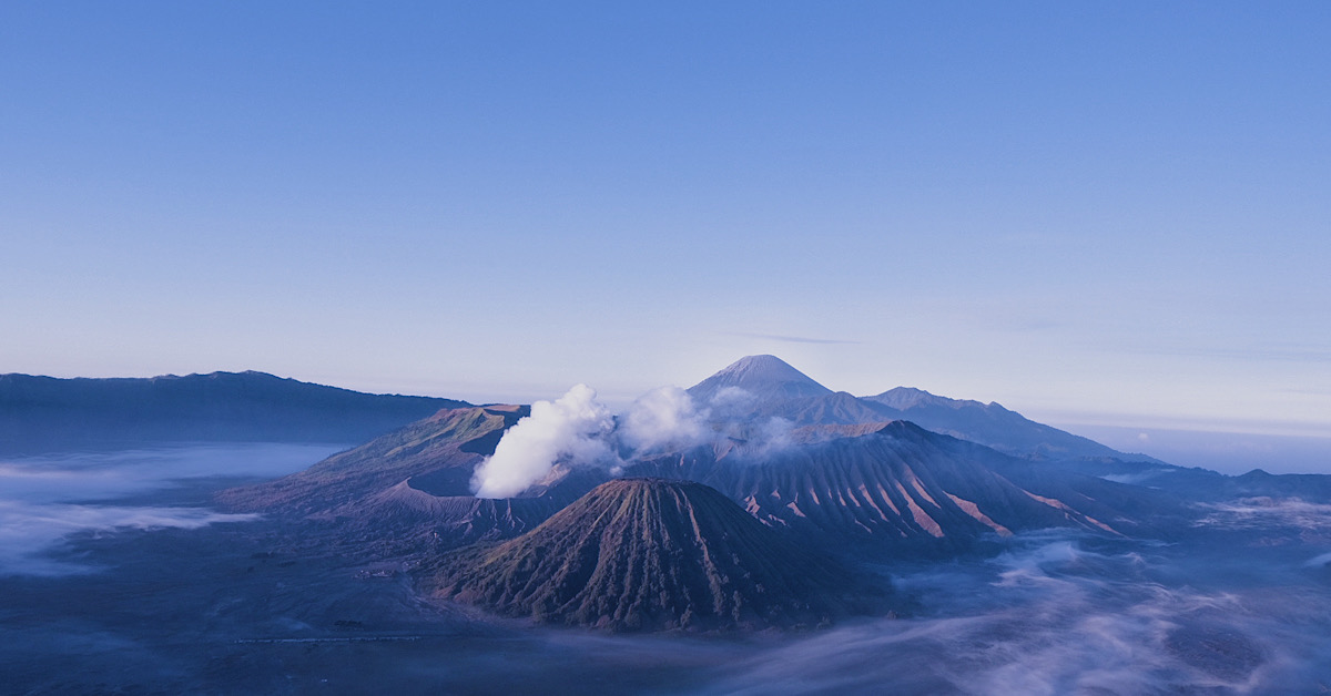 Mount Bromo at sunrise: A stunning volcanic landscape in Indonesia.