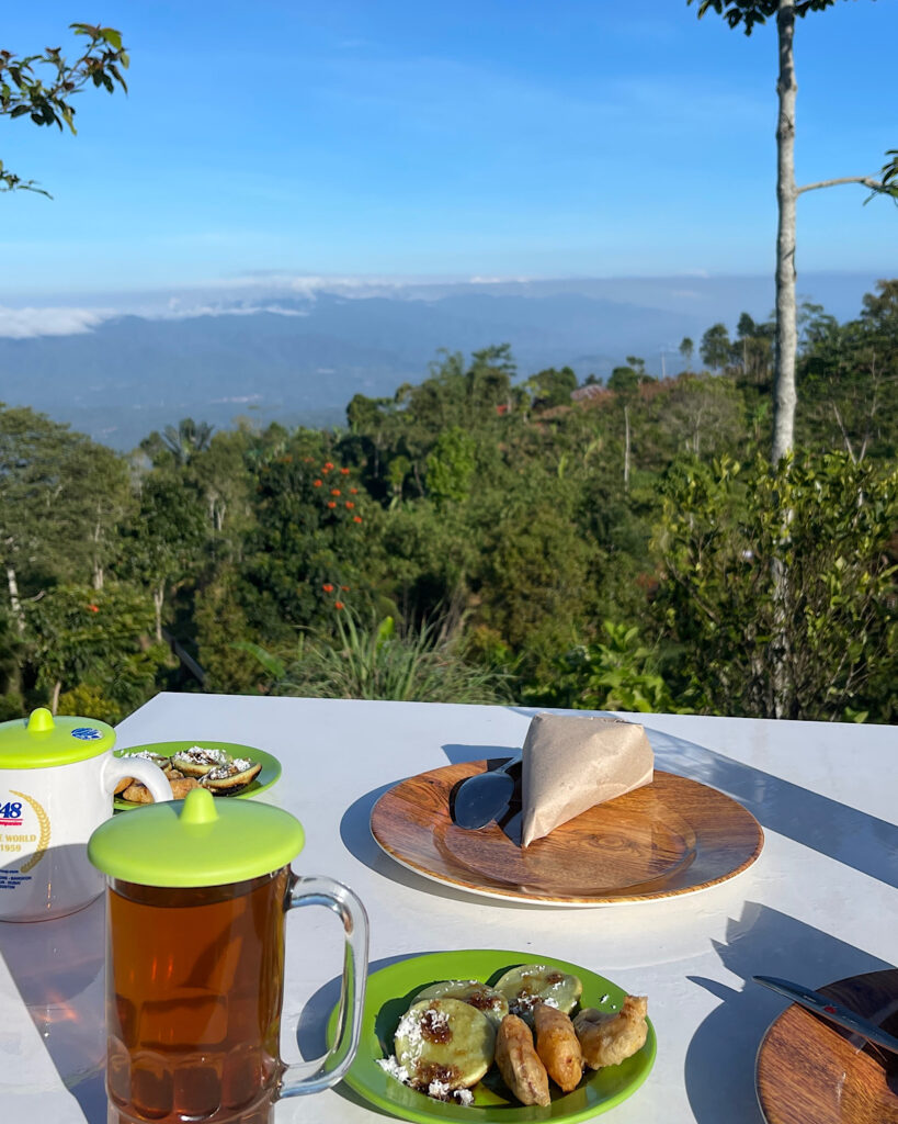 An Indonesian breakfast of pancakes, fried banana and rice on a table overlooking the countryside of Munduk Bali.