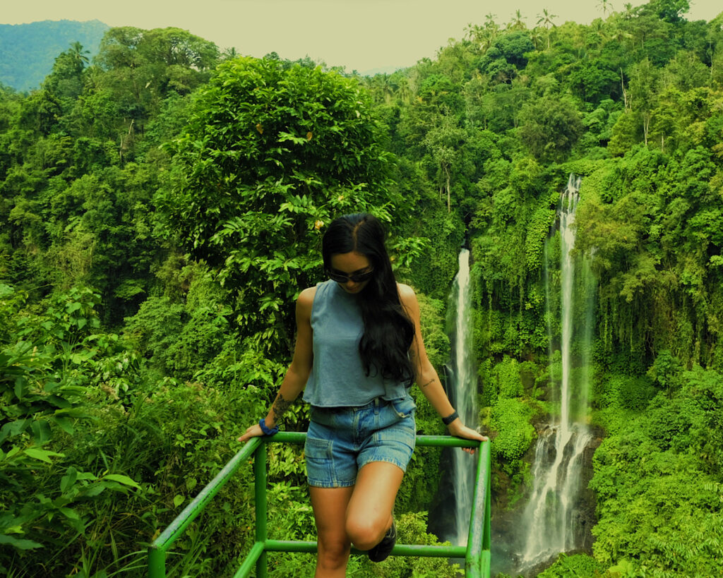 A woman standing on a viewpoint overlooking a huge waterfall surrounded by greenery.